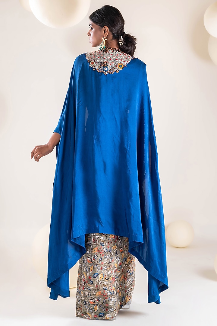 Royal Blue Dupion Thread Hand Embroidered Cape Set by Pallavi Poddar (India) at Pernia's Pop Up Shop