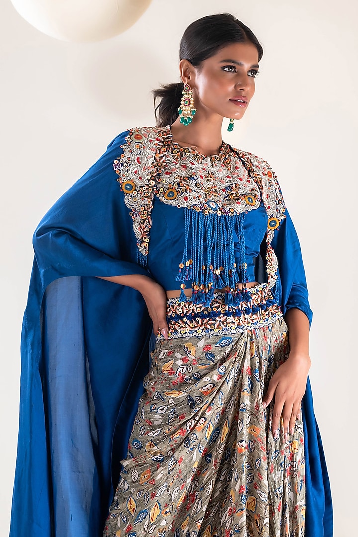 Royal Blue Dupion Thread Hand Embroidered Cape Set by Pallavi Poddar (India) at Pernia's Pop Up Shop