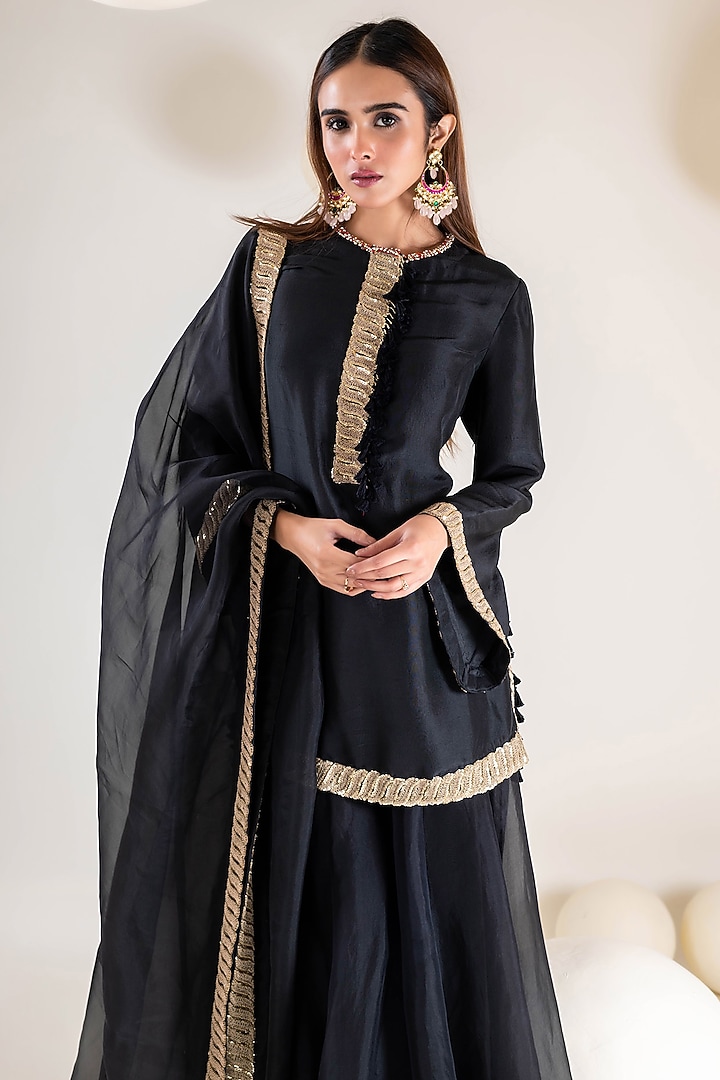 Black Dupion Wedding Sharara Set by Pallavi Poddar (India) at Pernia's Pop Up Shop