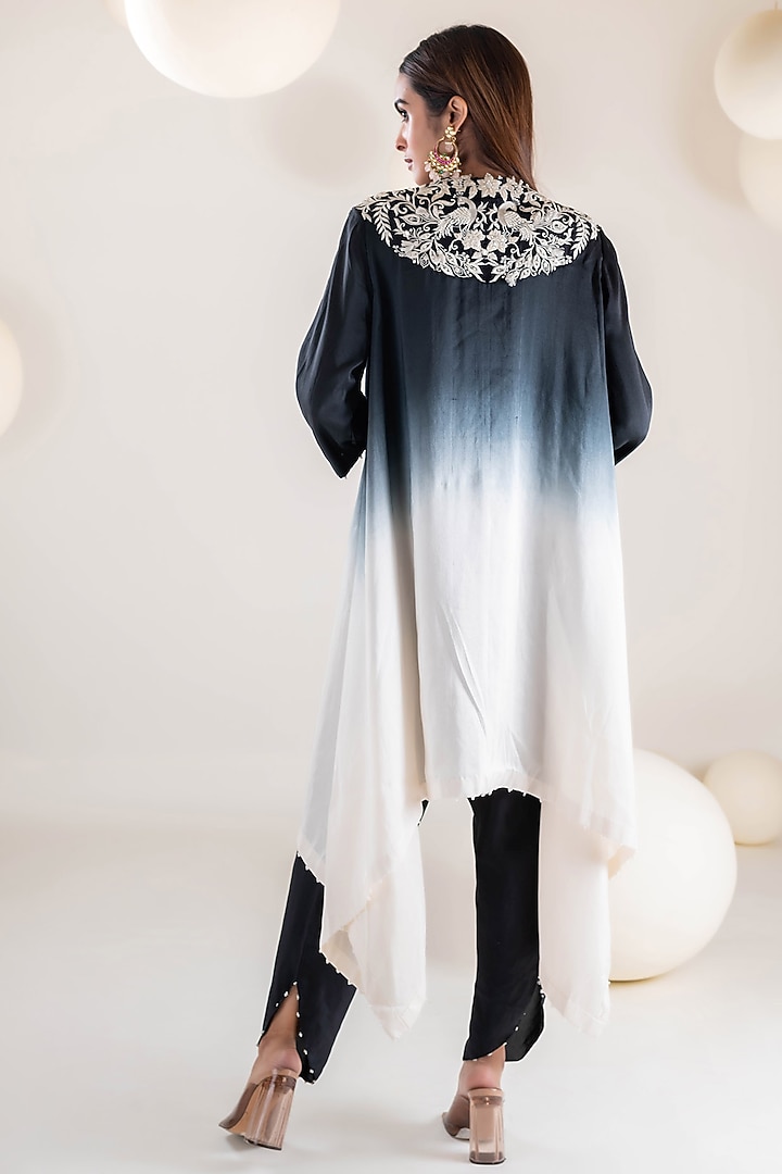 Black & Ivory Dupion Thread Embroidered Ombre Cape Set by Pallavi Poddar (India) at Pernia's Pop Up Shop