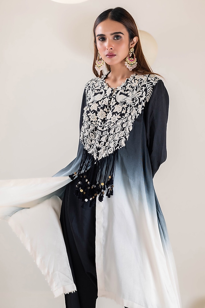 Black & Ivory Dupion Thread Embroidered Ombre Cape Set by Pallavi Poddar (India) at Pernia's Pop Up Shop