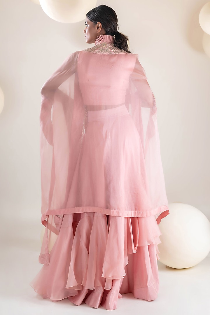 Pink Organza Tassel & Resham Hand Embroidered Cape Set by Pallavi Poddar (India) at Pernia's Pop Up Shop