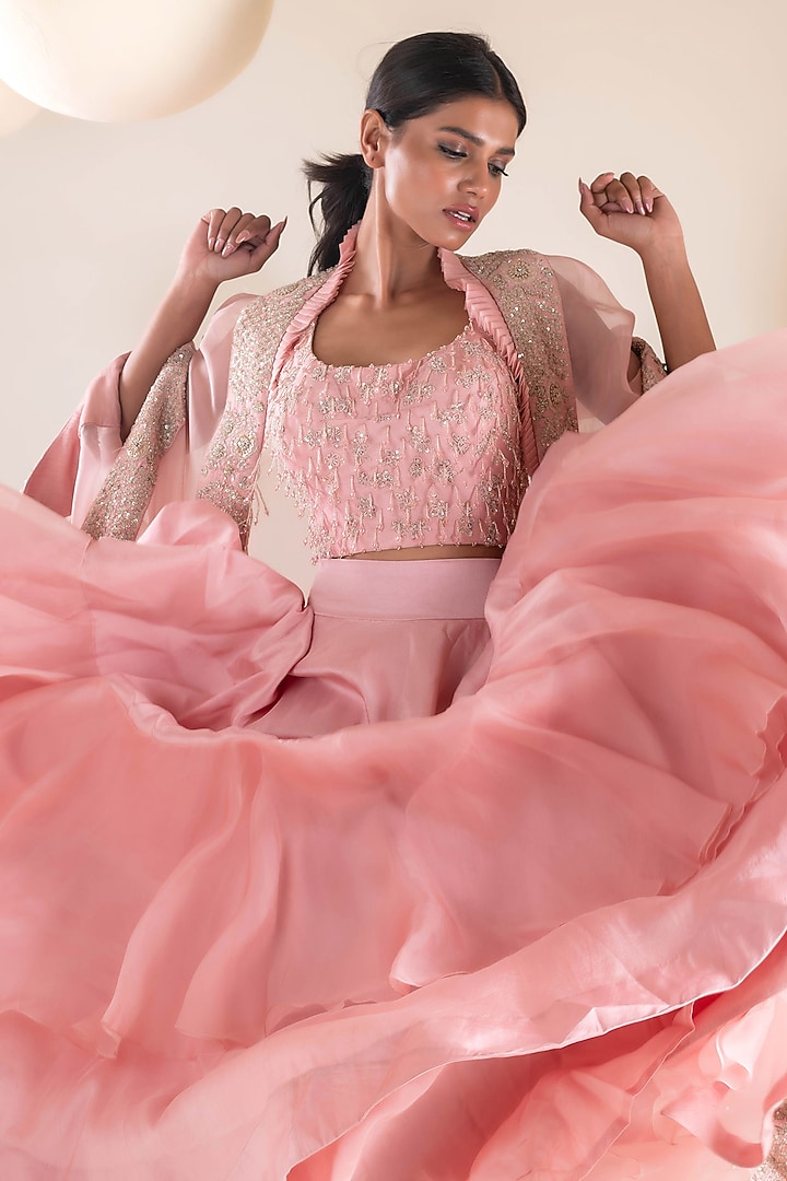 Pink Organza Tassel & Resham Hand Embroidered Cape Set by Pallavi Poddar (India) at Pernia's Pop Up Shop