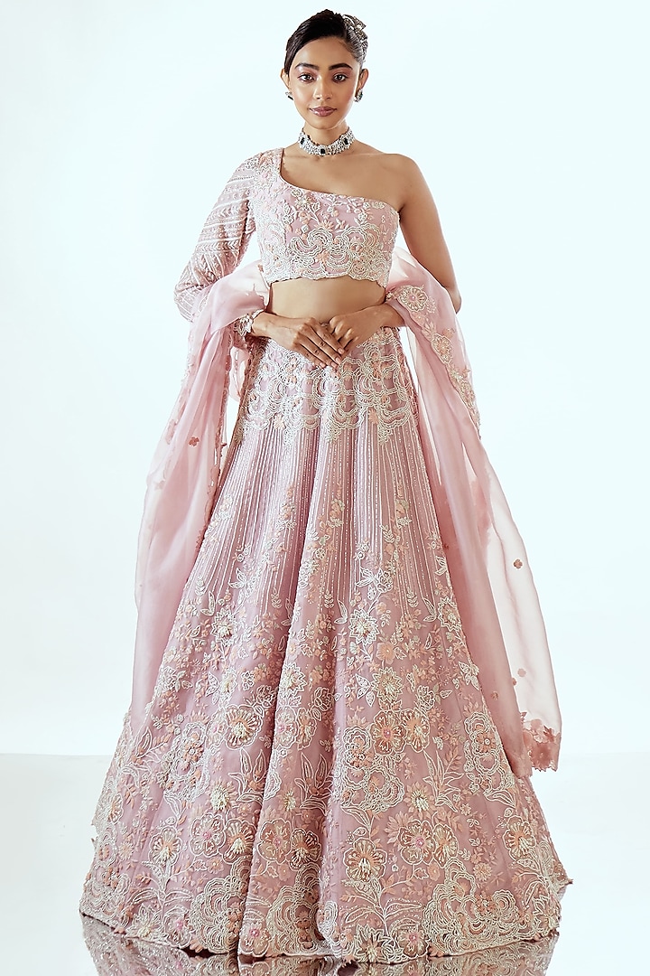 Pink Organza Resham & Thread Work Bridal Lehenga Set by Pallavi Poddar (India) at Pernia's Pop Up Shop