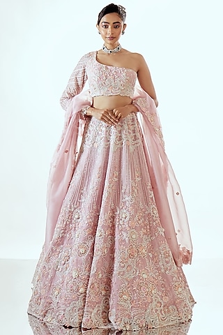 Pink Organza Resham & Thread Work Lehenga Set by Pallavi Poddar (India)