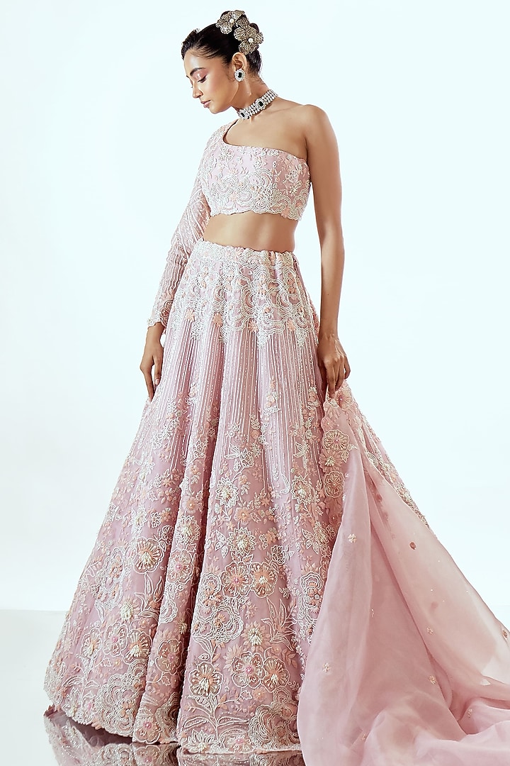 Pink Organza Resham & Thread Work Bridal Lehenga Set by Pallavi Poddar (India) at Pernia's Pop Up Shop