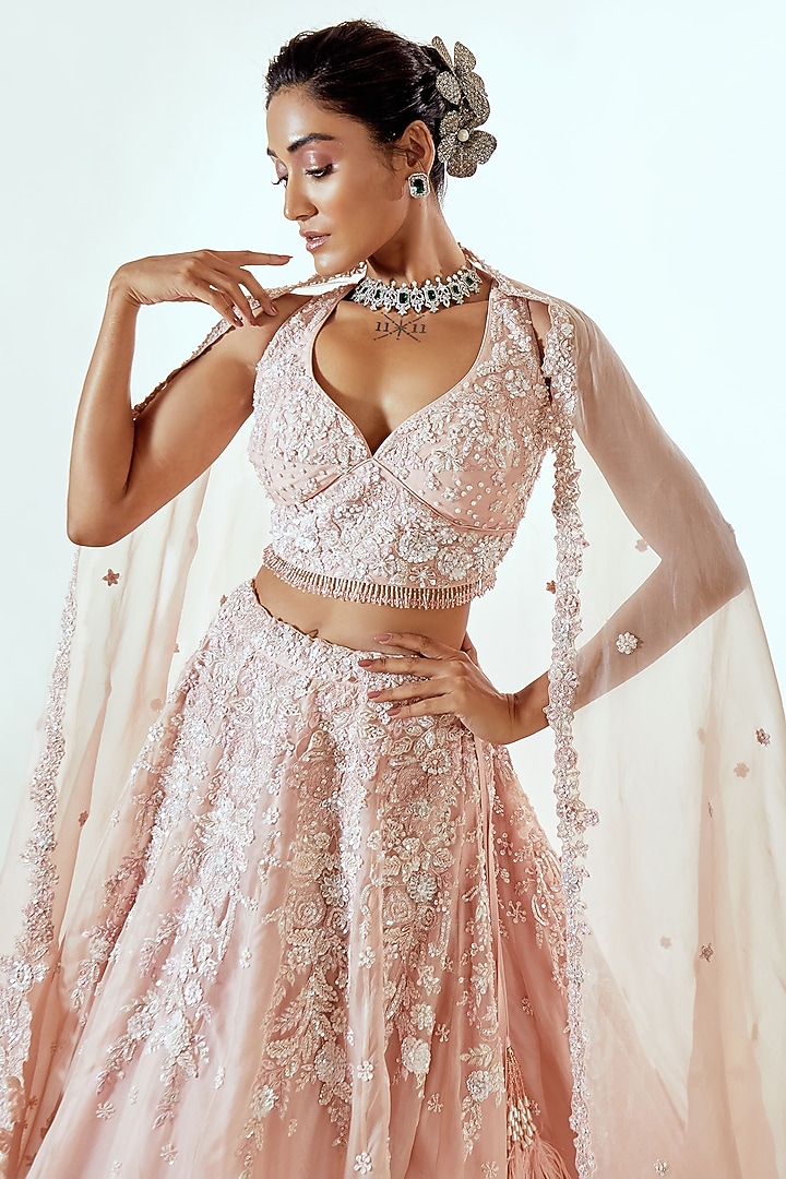 Pink Organza Applique & Sequin Work Bridal Lehenga Set by Pallavi Poddar (India) at Pernia's Pop Up Shop