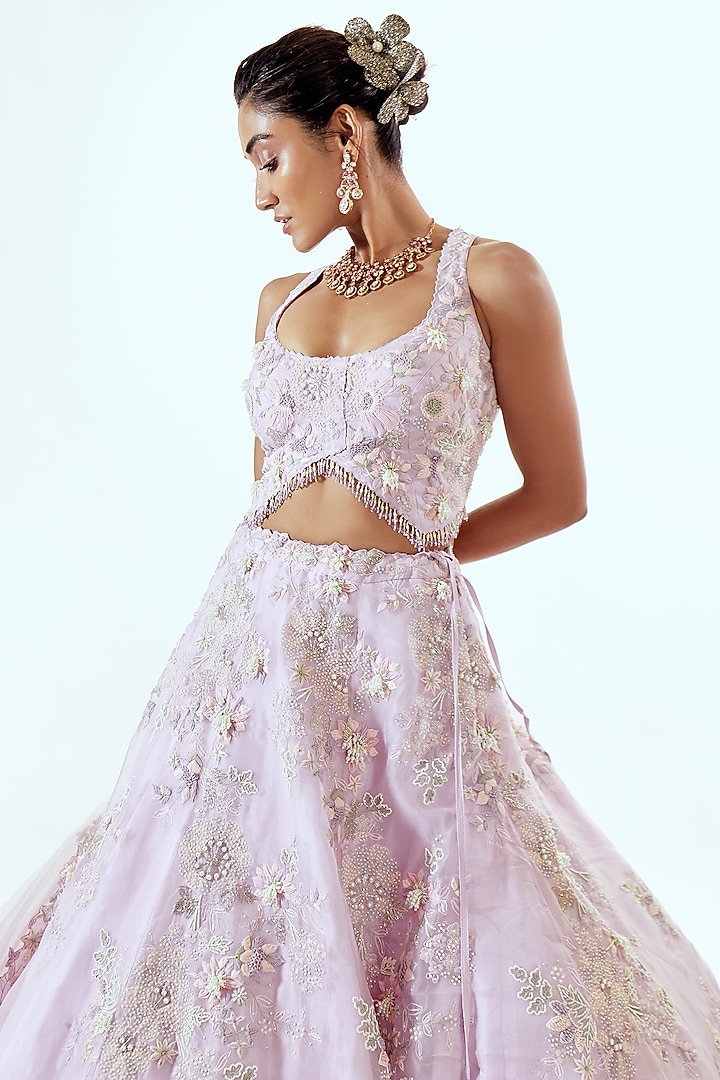 Lavender Organza Moti & Cutdana Work Bridal Lehenga Set by Pallavi Poddar (India) at Pernia's Pop Up Shop