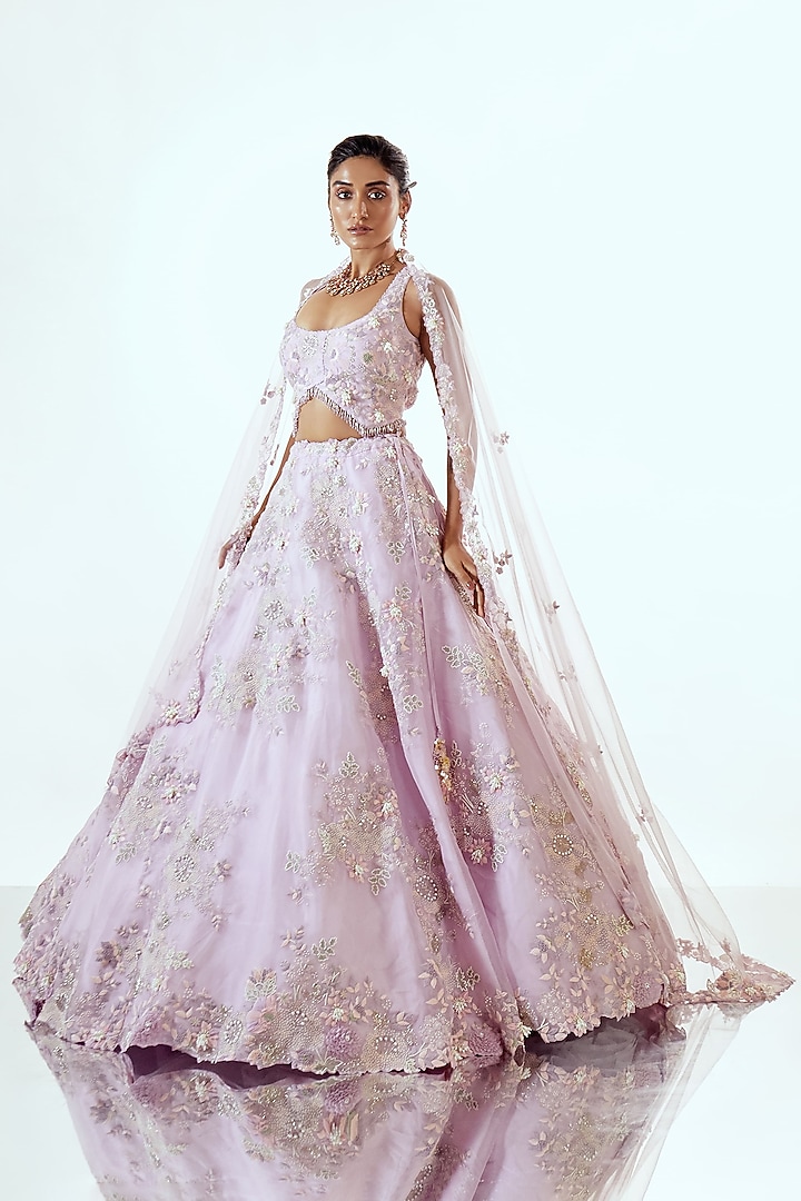 Lavender Organza Moti & Cutdana Work Bridal Lehenga Set by Pallavi Poddar (India) at Pernia's Pop Up Shop