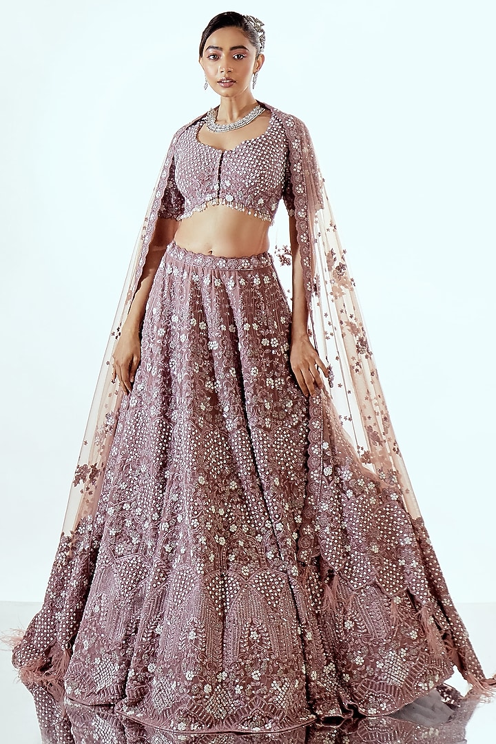 Lavender Organza Pearl & Sequin Work Bridal Lehenga Set by Pallavi Poddar (India) at Pernia's Pop Up Shop