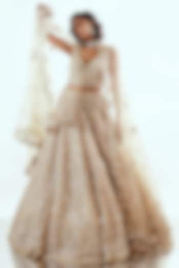Beige Organza Sequin & Cutdana Work Bridal Lehenga Sett by Pallavi Poddar (India) at Pernia's Pop Up Shop