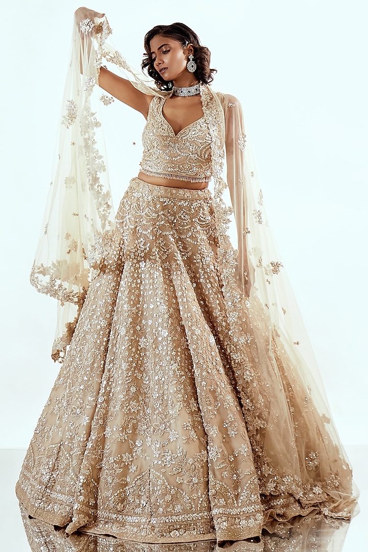 Beige Organza Sequin & Cutdana Work Bridal Lehenga Sett by Pallavi Poddar (India) at Pernia's Pop Up Shop