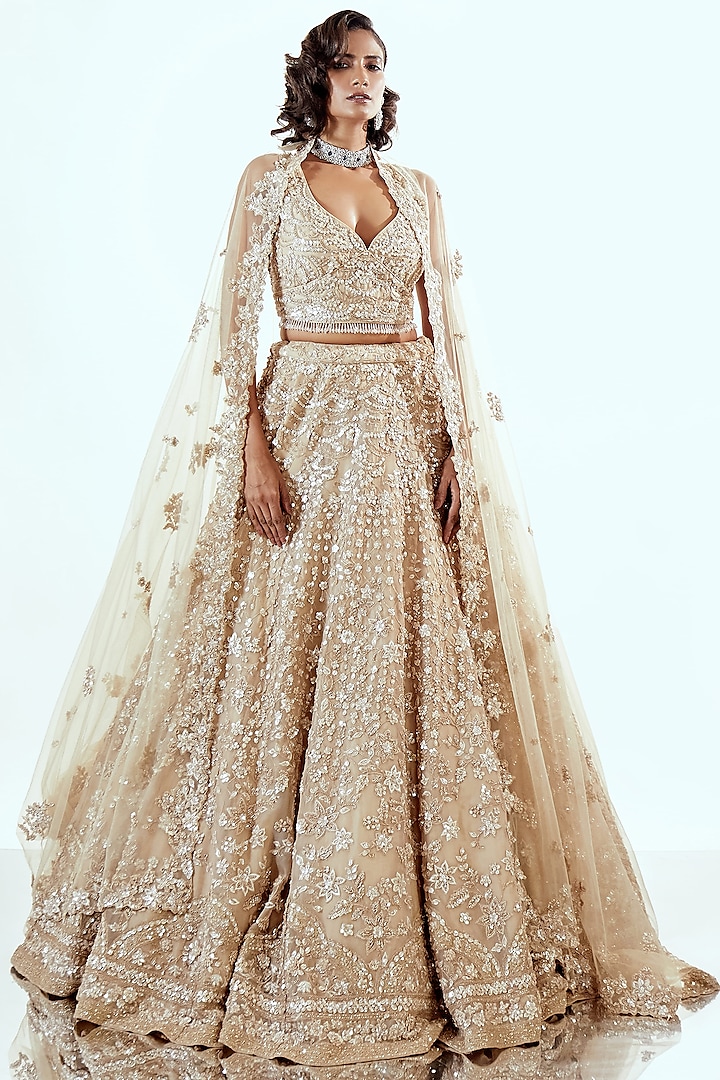 Beige Organza Sequin & Cutdana Work Bridal Lehenga Sett by Pallavi Poddar (India) at Pernia's Pop Up Shop