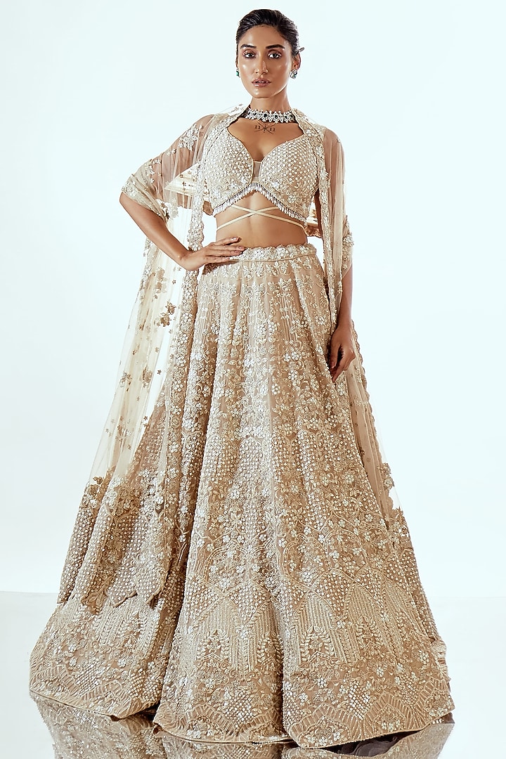 Mouse Brown Organza Pearl & Cutdana Work Bridal Lehenga Set by Pallavi Poddar (India) at Pernia's Pop Up Shop