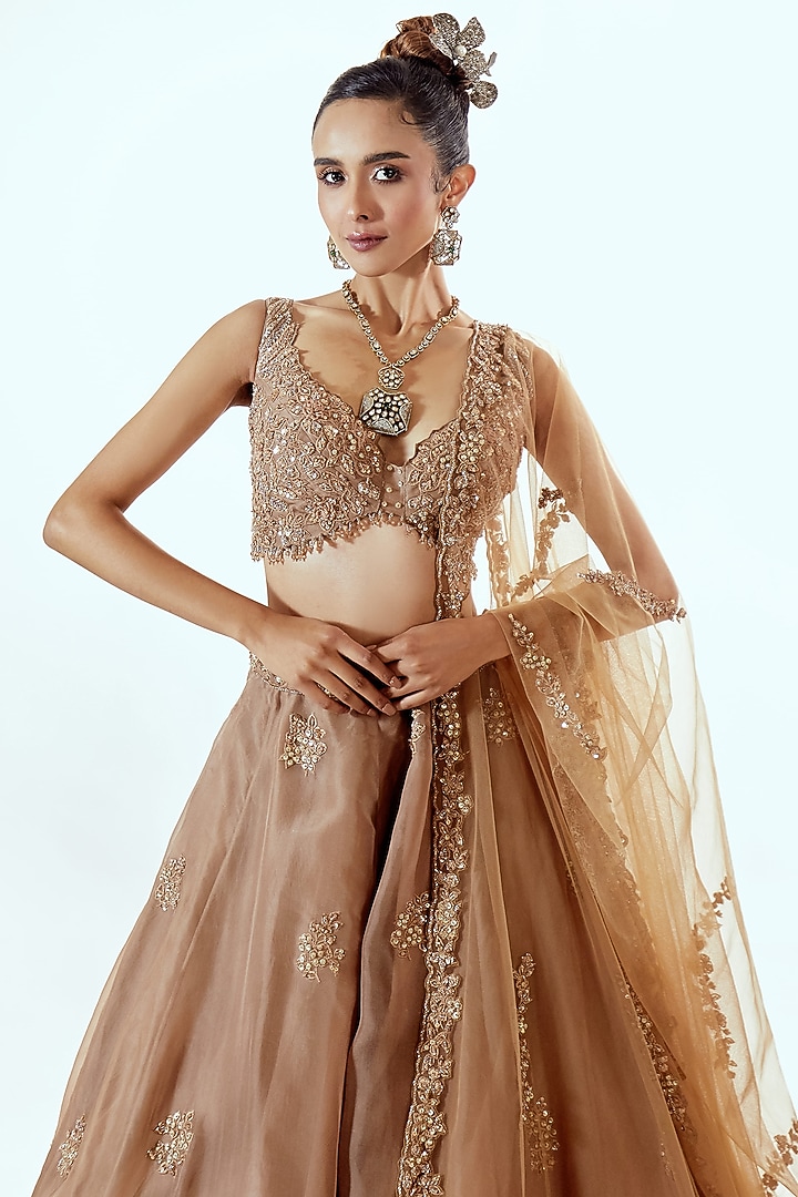 Brown Organza Pearl & Cutdana Work Wedding Lehenga Set by Pallavi Poddar (India) at Pernia's Pop Up Shop