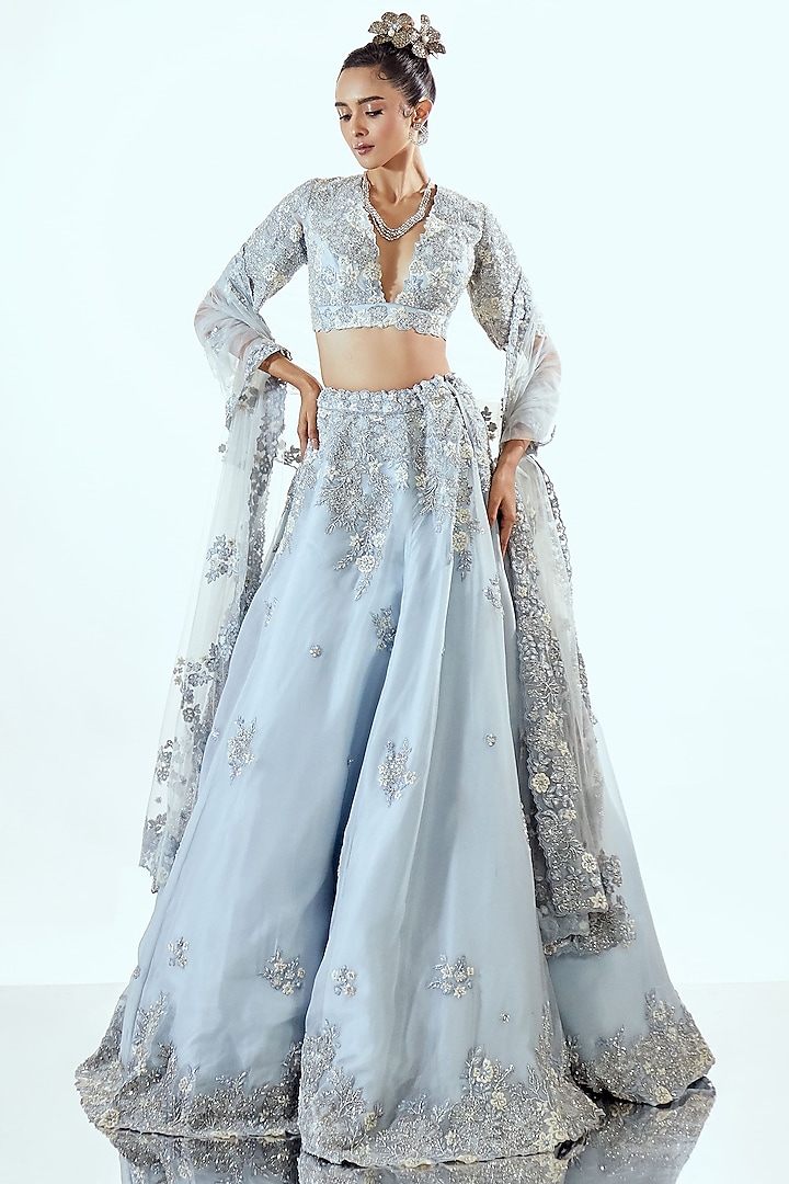 Aqua Blue Organza Thread & Cutdana Work Wedding Lehenga Set by Pallavi Poddar (India) at Pernia's Pop Up Shop