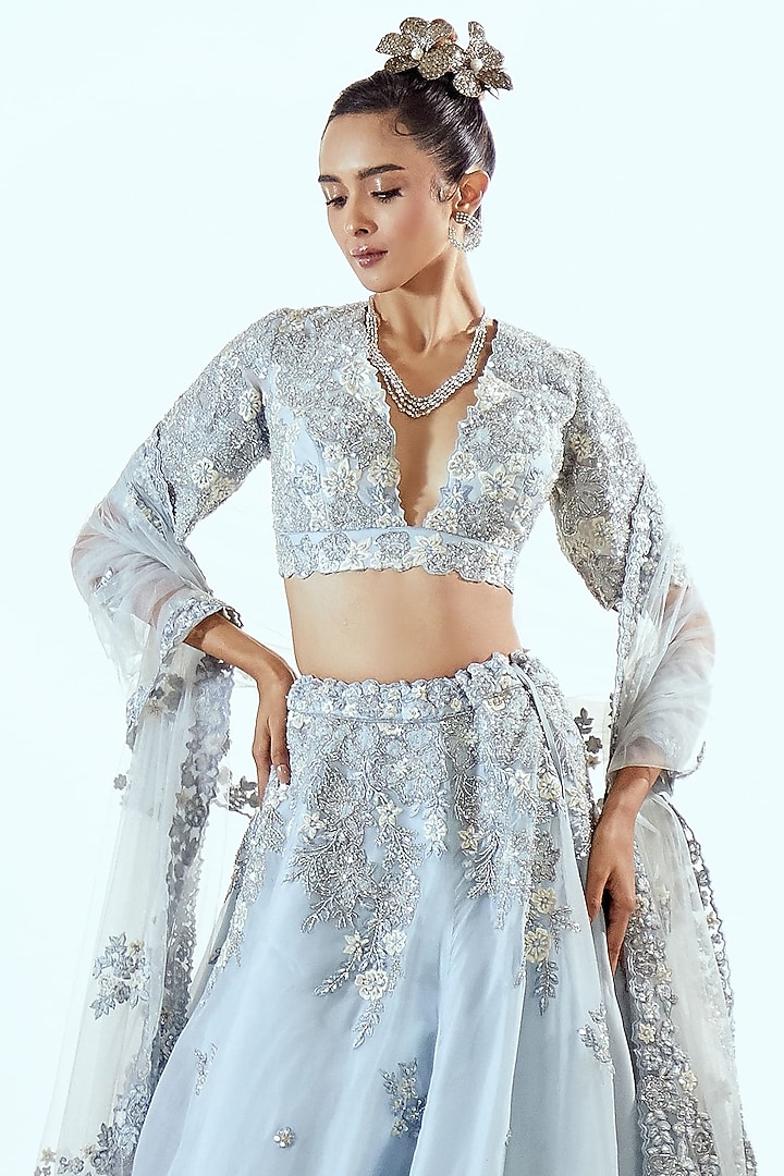 Aqua Blue Organza Thread & Cutdana Work Wedding Lehenga Set by Pallavi Poddar (India) at Pernia's Pop Up Shop