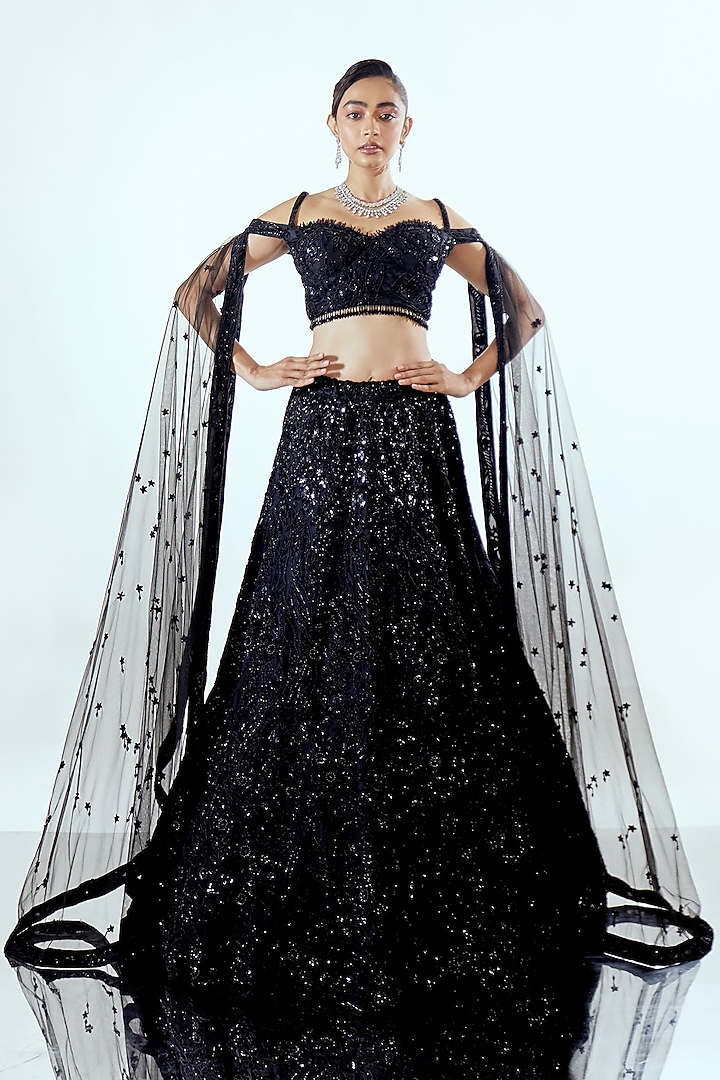 Black Organza Pearl & Thread Work Bridal Lehenga Set by Pallavi Poddar (India) at Pernia's Pop Up Shop