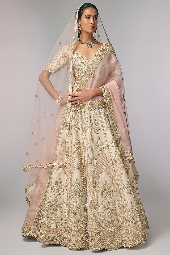 Ivory Silk Zardosi Hand Work Bridal Lehenga Set by Pallavi Poddar (India) at Pernia's Pop Up Shop