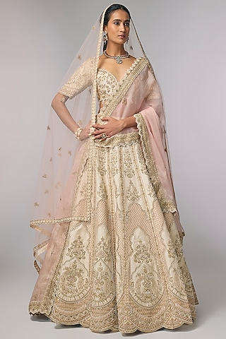 Ivory Silk Zardosi Hand Work Lehenga Set by Pallavi Poddar (India)