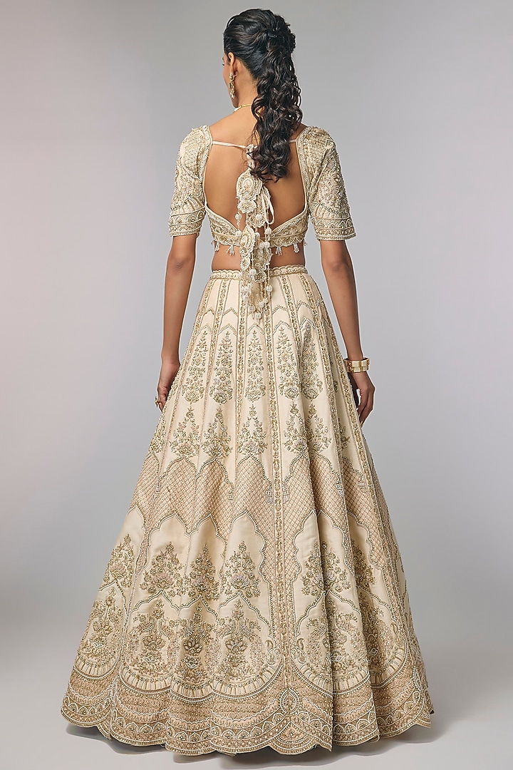 Ivory Silk Zardosi Hand Work Bridal Lehenga Set by Pallavi Poddar (India) at Pernia's Pop Up Shop