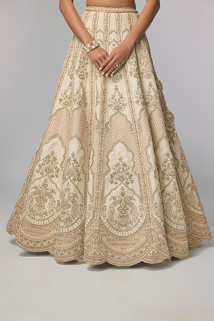 Ivory Silk Zardosi Hand Work Bridal Lehenga Set by Pallavi Poddar (India) at Pernia's Pop Up Shop