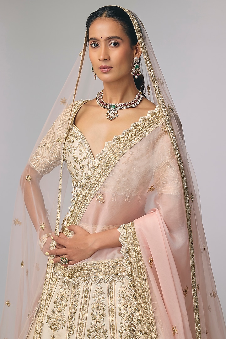 Ivory Silk Zardosi Hand Work Bridal Lehenga Set by Pallavi Poddar (India) at Pernia's Pop Up Shop
