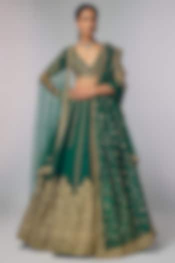 Emerald Green Silk Zardosi & Jaal Work Bridal Lehenga Set by Pallavi Poddar (India) at Pernia's Pop Up Shop