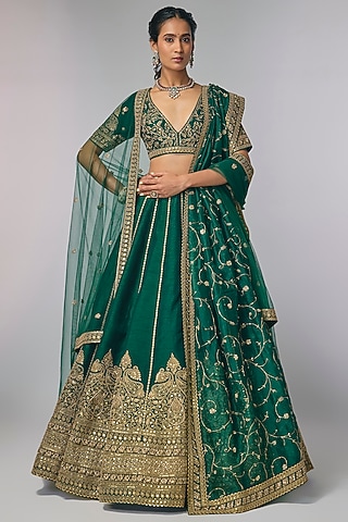 Emerald Green Silk Zardosi & Jaal Work Lehenga Set by Pallavi Poddar (India)