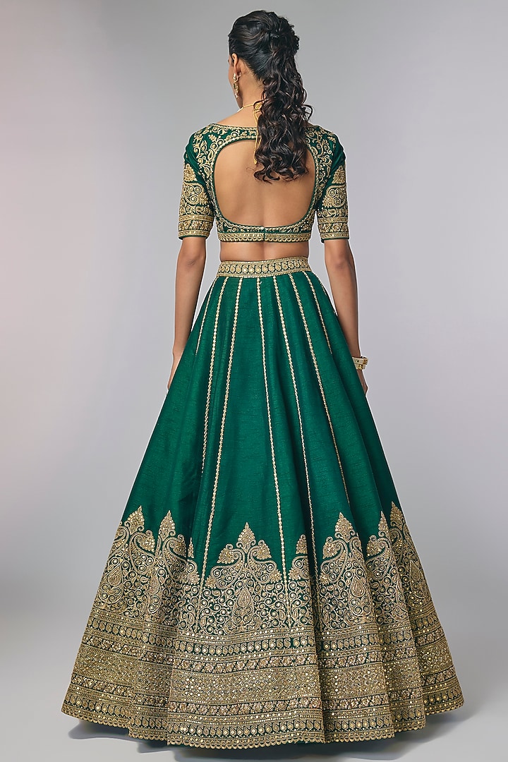 Emerald Green Silk Zardosi & Jaal Work Bridal Lehenga Set by Pallavi Poddar (India) at Pernia's Pop Up Shop
