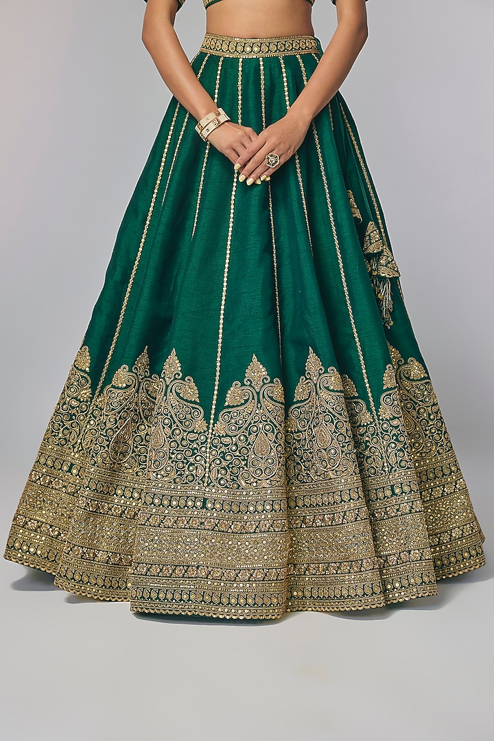 Emerald Green Silk Zardosi & Jaal Work Bridal Lehenga Set by Pallavi Poddar (India) at Pernia's Pop Up Shop