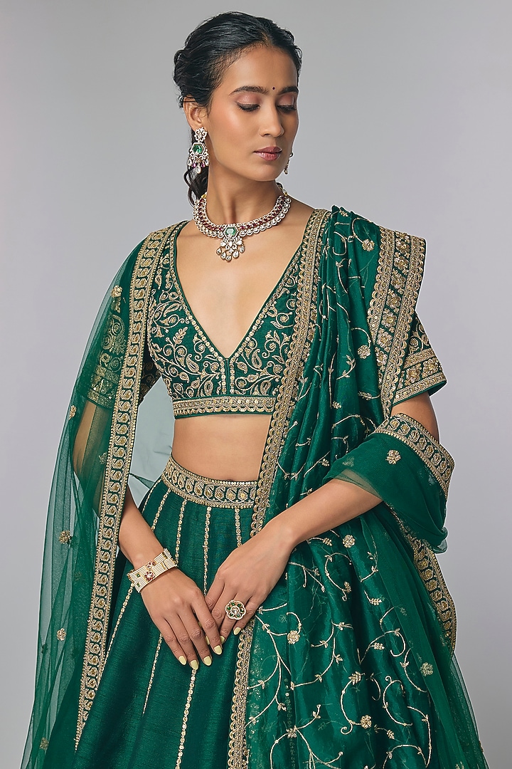 Emerald Green Silk Zardosi & Jaal Work Bridal Lehenga Set by Pallavi Poddar (India) at Pernia's Pop Up Shop