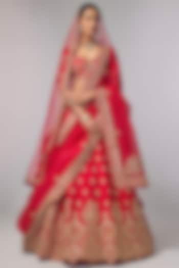 Blood Red Silk Embroidered Bridal Lehenga Set by Pallavi Poddar (India) at Pernia's Pop Up Shop