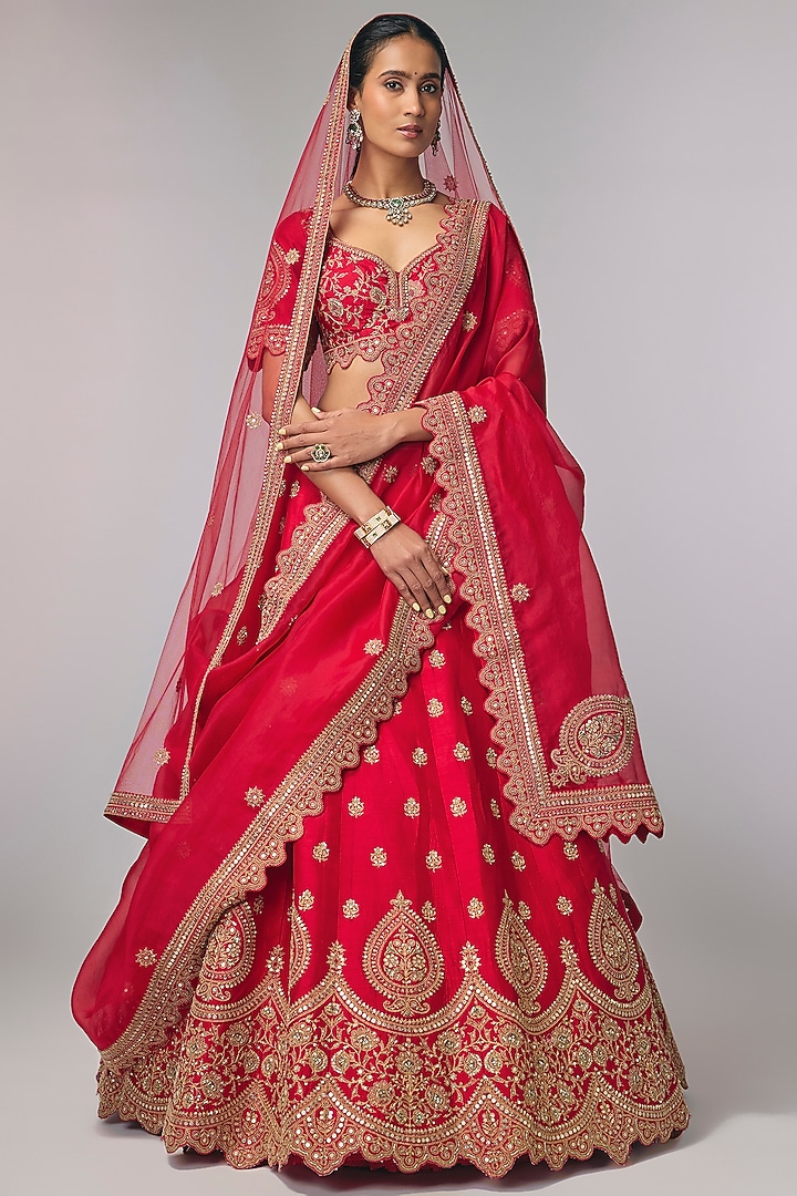 Blood Red Silk Embroidered Bridal Lehenga Set by Pallavi Poddar (India) at Pernia's Pop Up Shop