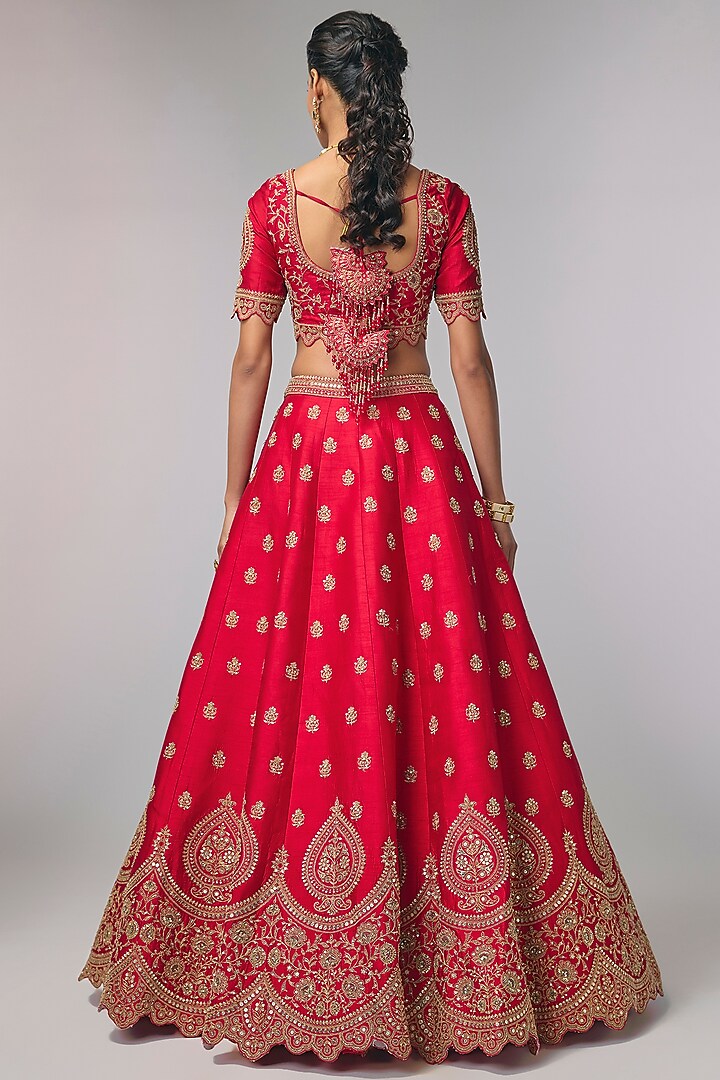Blood Red Silk Embroidered Bridal Lehenga Set by Pallavi Poddar (India) at Pernia's Pop Up Shop