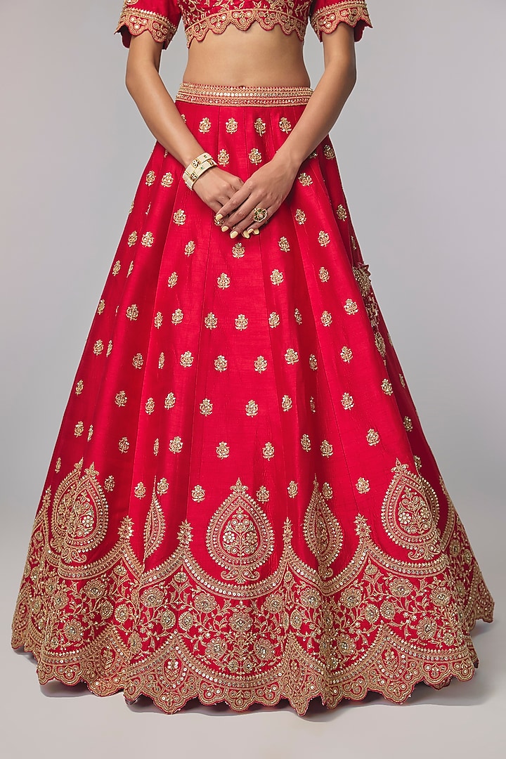 Blood Red Silk Embroidered Bridal Lehenga Set by Pallavi Poddar (India) at Pernia's Pop Up Shop