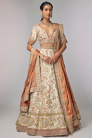 Ivory Silk Zardosi & Resham Work Lehenga Set by Pallavi Poddar (India)