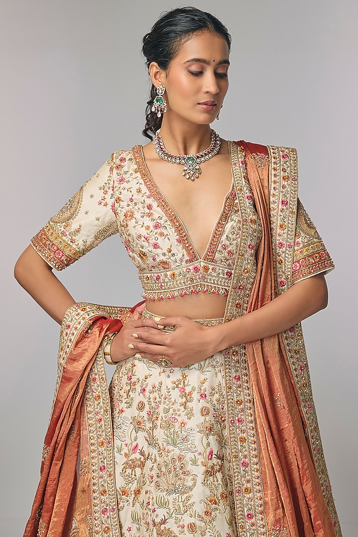 Ivory Silk Zardosi & Resham Work Bridal Lehenga Set by Pallavi Poddar (India) at Pernia's Pop Up Shop