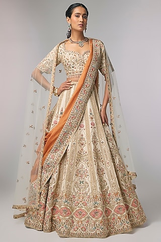 Ivory Silk Resham Embroidered Lehenga Set by Pallavi Poddar (India)