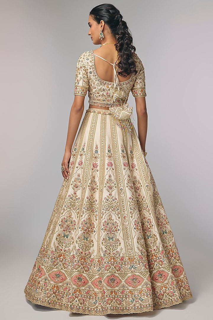 Ivory Silk Resham Embroidered Bridal Lehenga Set by Pallavi Poddar (India) at Pernia's Pop Up Shop