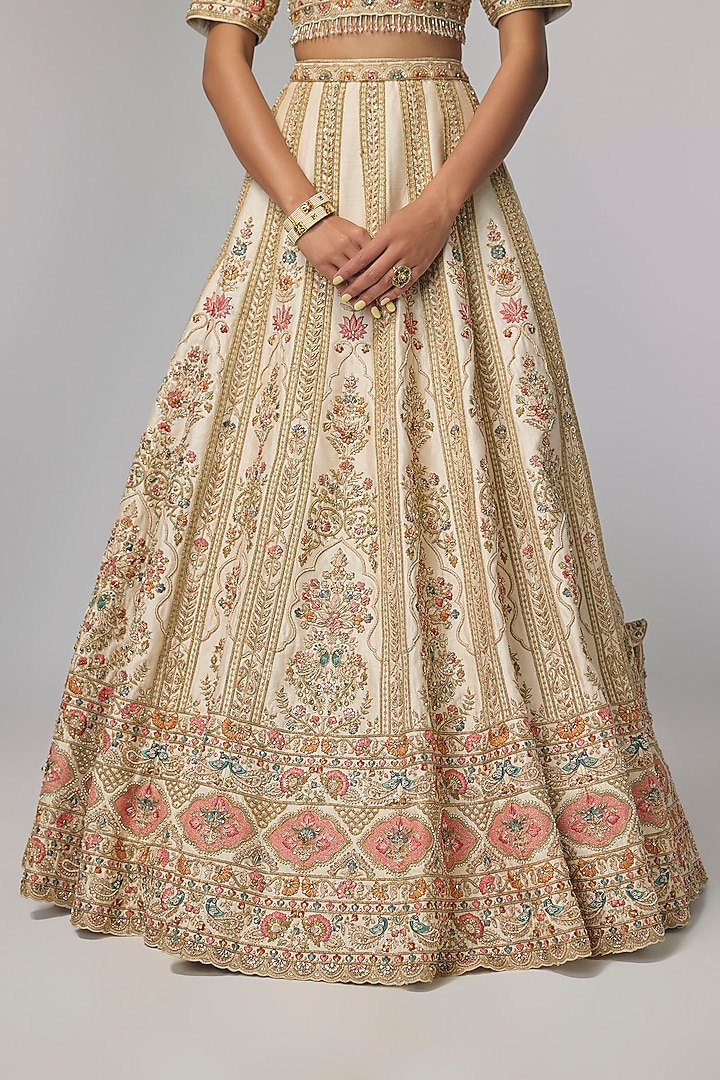 Ivory Silk Resham Embroidered Bridal Lehenga Set by Pallavi Poddar (India) at Pernia's Pop Up Shop