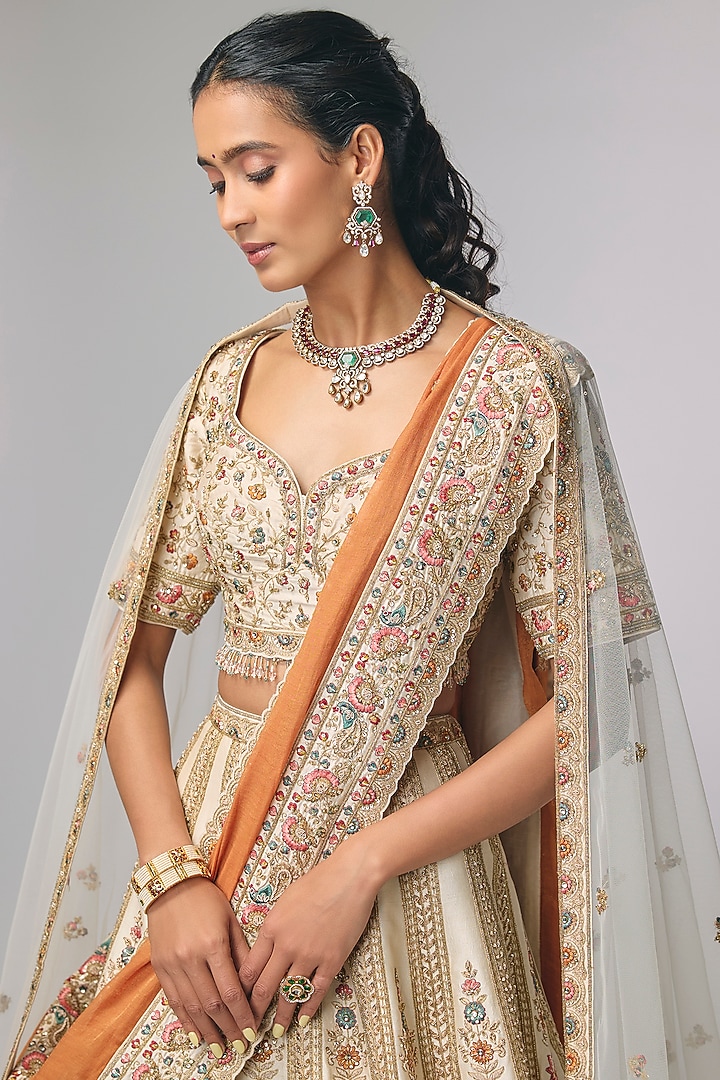 Ivory Silk Resham Embroidered Bridal Lehenga Set by Pallavi Poddar (India) at Pernia's Pop Up Shop