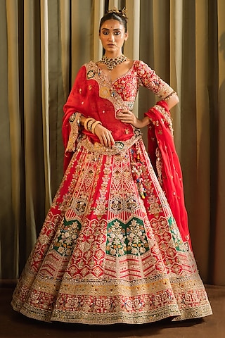 Red Raw Silk Aari Hand Work Lehenga Set by Pallavi Poddar (India)