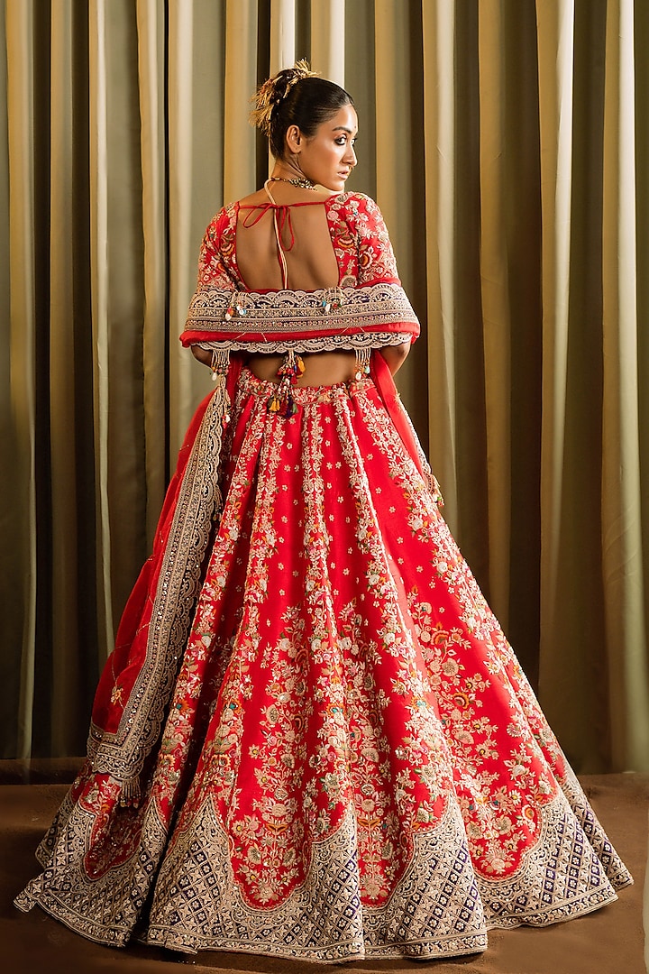 Red Raw Silk Thread Hand Work Bridal Lehenga Set by Pallavi Poddar (India) at Pernia's Pop Up Shop