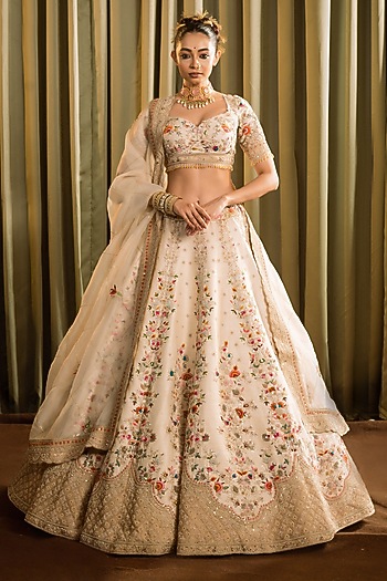 Ivory Raw Silk Resham Hand Work Bridal Lehenga Set by Pallavi Poddar (India) at Pernia's Pop Up Shop