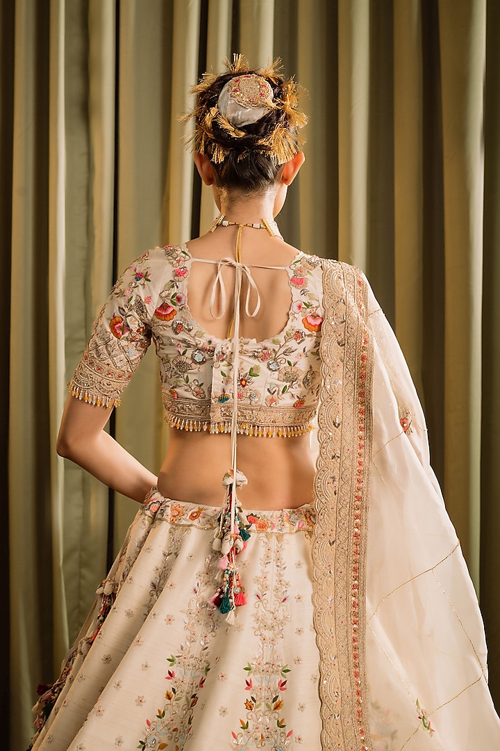Ivory Raw Silk Resham Hand Work Bridal Lehenga Set by Pallavi Poddar (India) at Pernia's Pop Up Shop