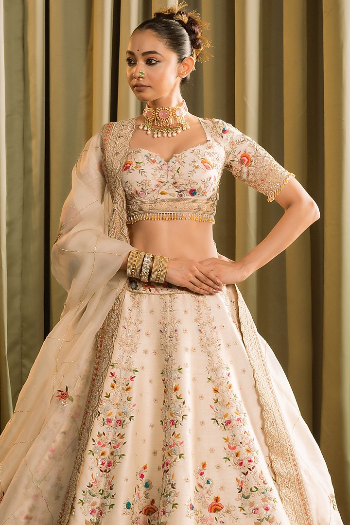 Ivory Raw Silk Resham Hand Work Bridal Lehenga Set by Pallavi Poddar (India) at Pernia's Pop Up Shop