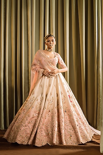 Pink & Ivory Shaded Raw Silk Resham Hand Work Bridal Lehenga Set by Pallavi Poddar (India) at Pernia's Pop Up Shop