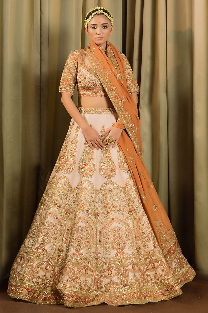 Ivory Raw Silk Cutdana Work Bridal Lehenga Set by Pallavi Poddar (India) at Pernia's Pop Up Shop
