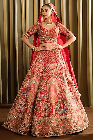 Red Raw Silk Thread Work Lehenga Set by Pallavi Poddar (India)